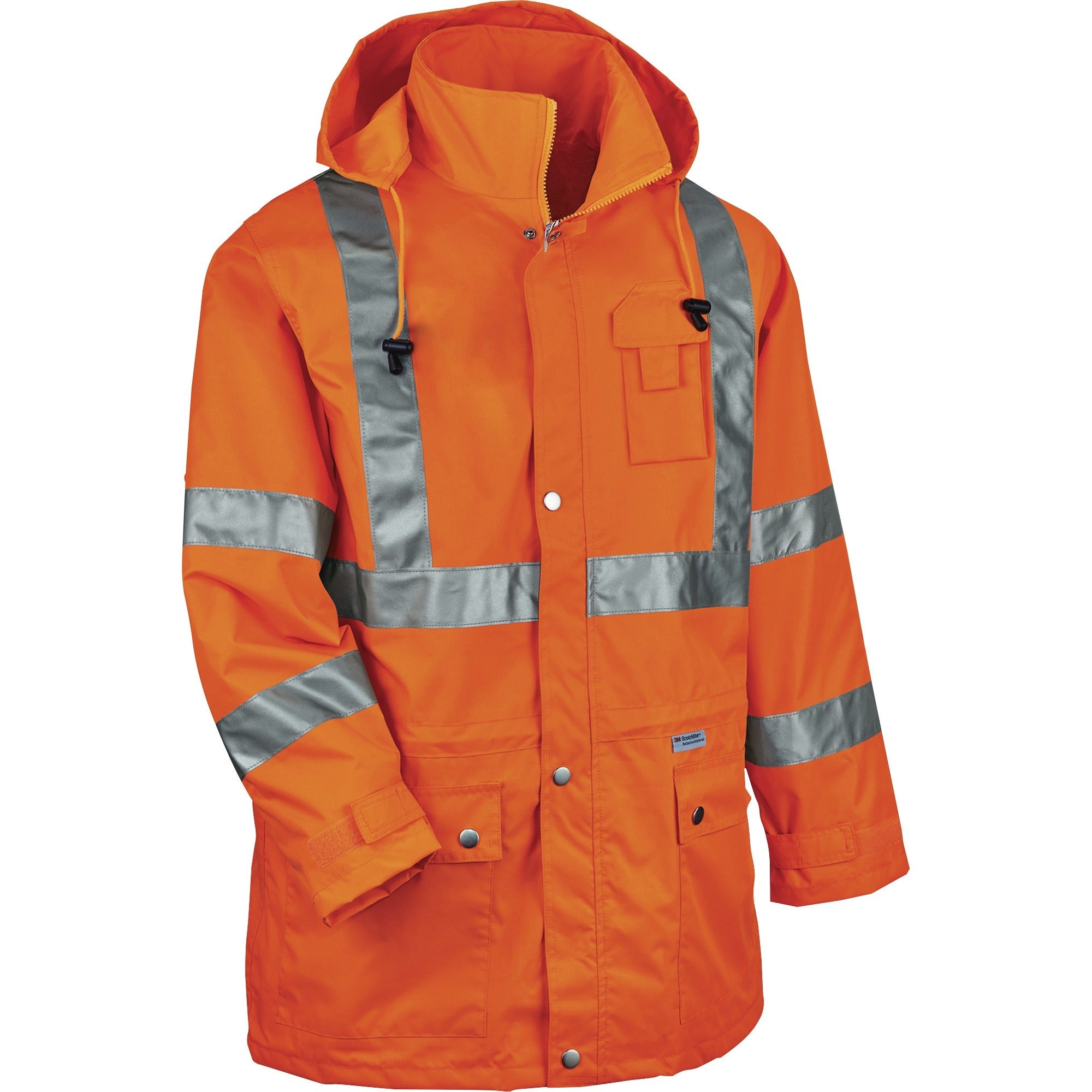 Ergodyne 8365 Type R Class 3 Hi-Vis Rain Jacket, 4X-Large, Orange, Polyurethane, Breathable, Waterproof, Reflective, Inset Hood, Mic Tab, Storm Flap, Snap Closure, Multiple Pockets, 1 Each
