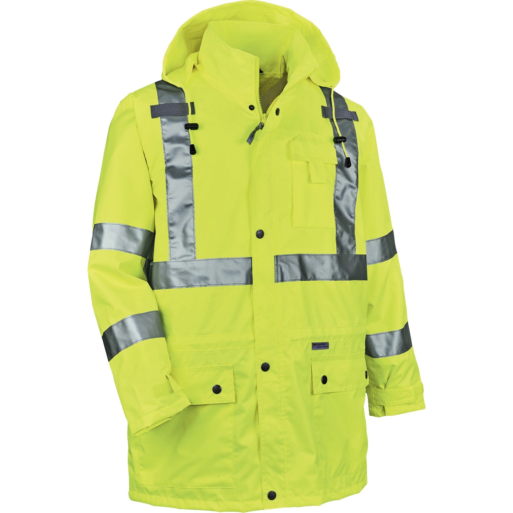 Ergodyne 8365 Type R Class 3 Rain Jacket, Medium, Lime, Polyurethane, Breathable, Waterproof, Reflective, Inset Hood, Drawstring Closure, Snap Closure, Chest and Cell Phone Pockets, 1 Each