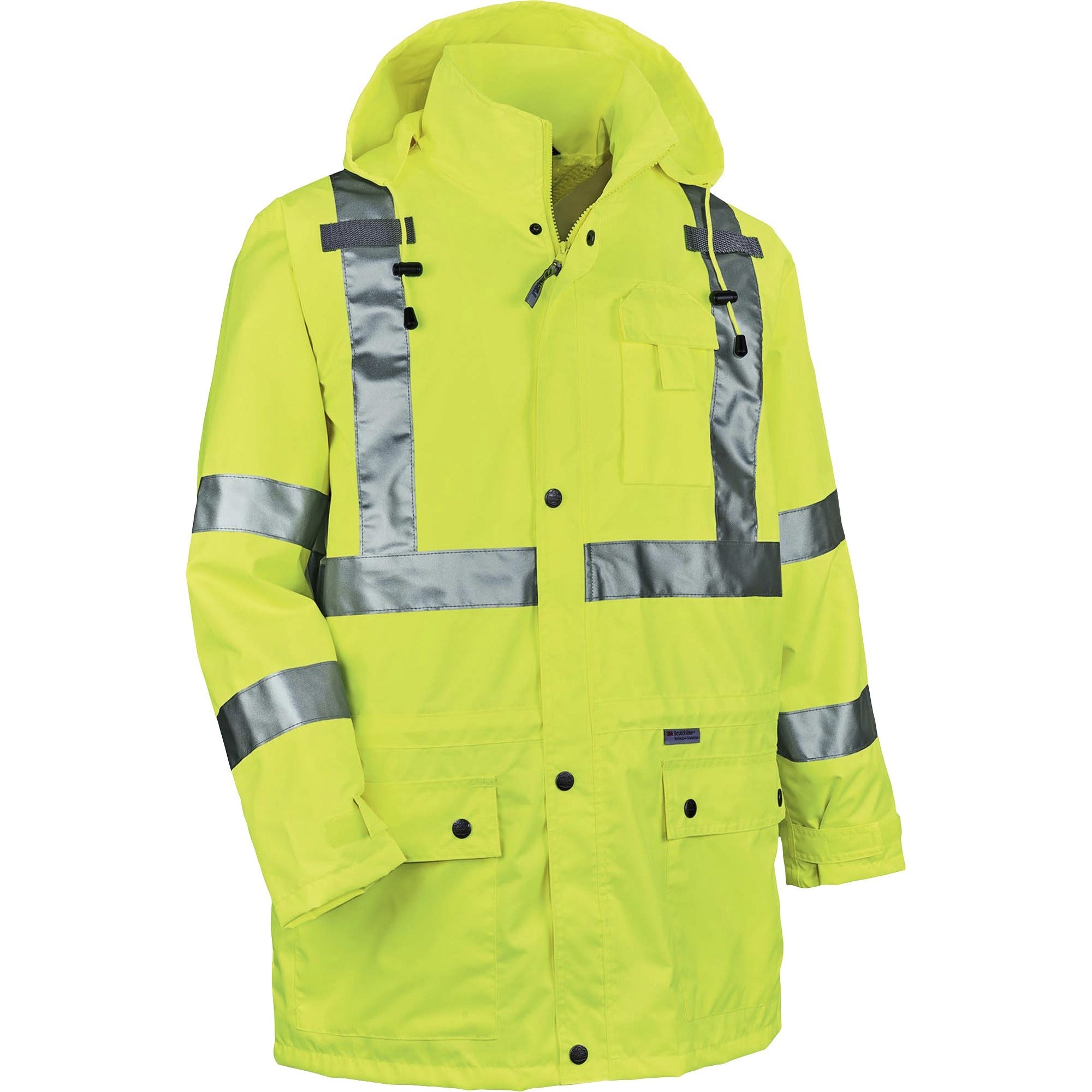Ergodyne 8365 Type R Class 3 Hi-Vis Rain Jacket, Large, Lime, Polyurethane, Breathable, Waterproof, Reflective, Inset Hood, Drawstring Closure, Snap Closure, Multiple Pockets, 1 Each