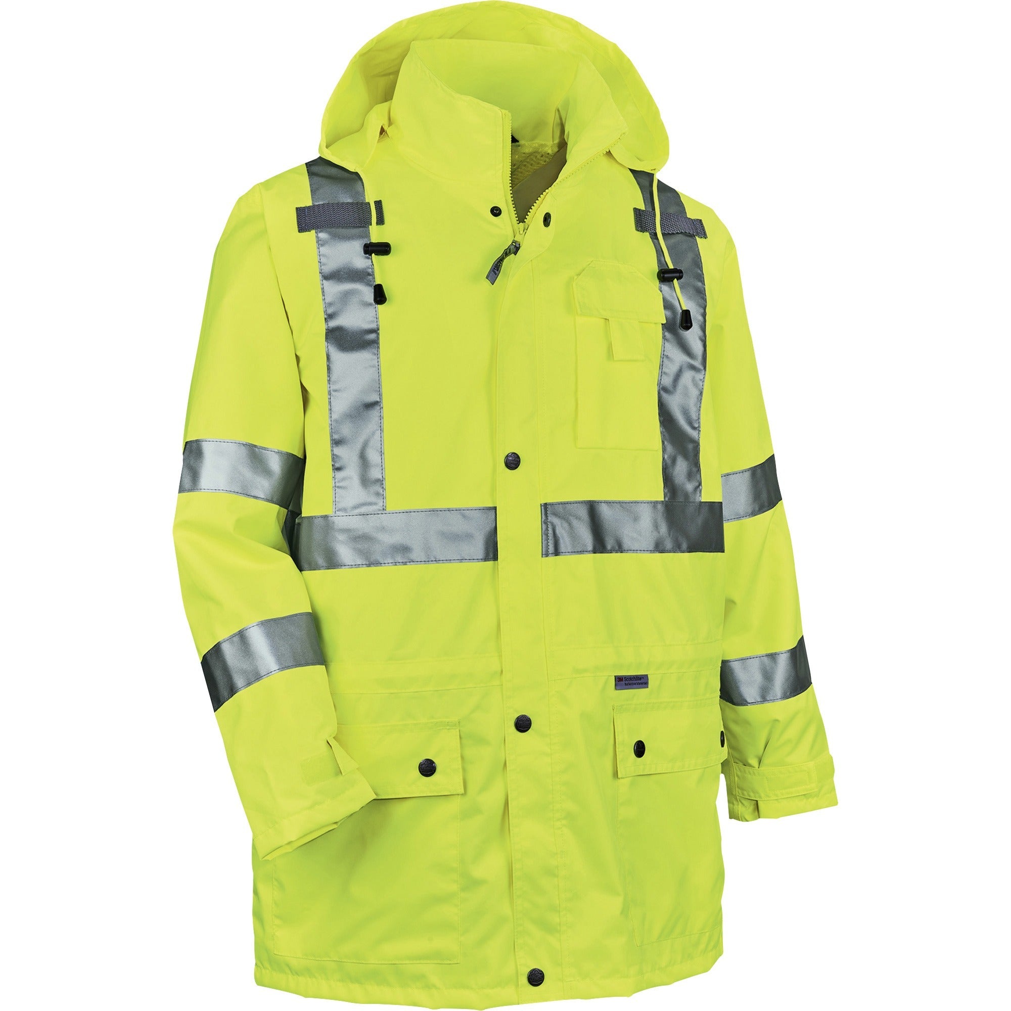 Ergodyne 8365 Type R Class 3 Hi-Vis Rain Jacket, Extra Large, Lime, Waterproof, Breathable, Reflective, Inset Hood, Drawstring Closure, Multiple Pockets, 1 Each
