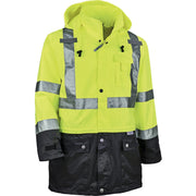 Ergodyne 8365BK Type R Class 3 Hi-Vis Lime Rain Jacket, Extra Large, Waterproof, Breathable, Reflective, Black Bottom, Drawstring Hood, Zipper and Snap Closures, 1 Each
