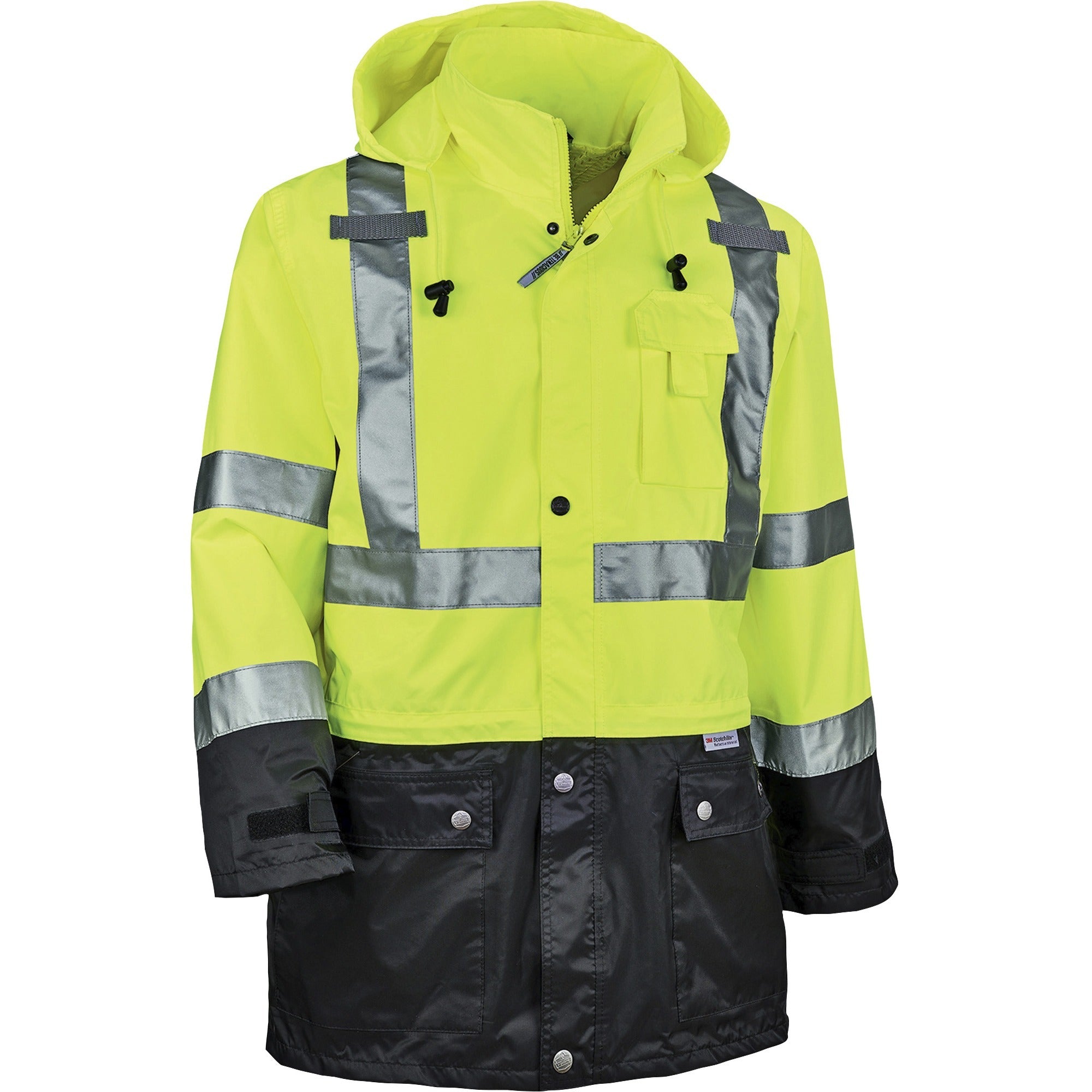 Ergodyne 8365BK Type R Class 3 Hi-Vis Lime Rain Jacket, 2X-Large, Waterproof, Breathable, Reflective Tape, Black Bottom, Inset Hood, Drawstring Closure, Zipper and Snap Closures, 1 Each