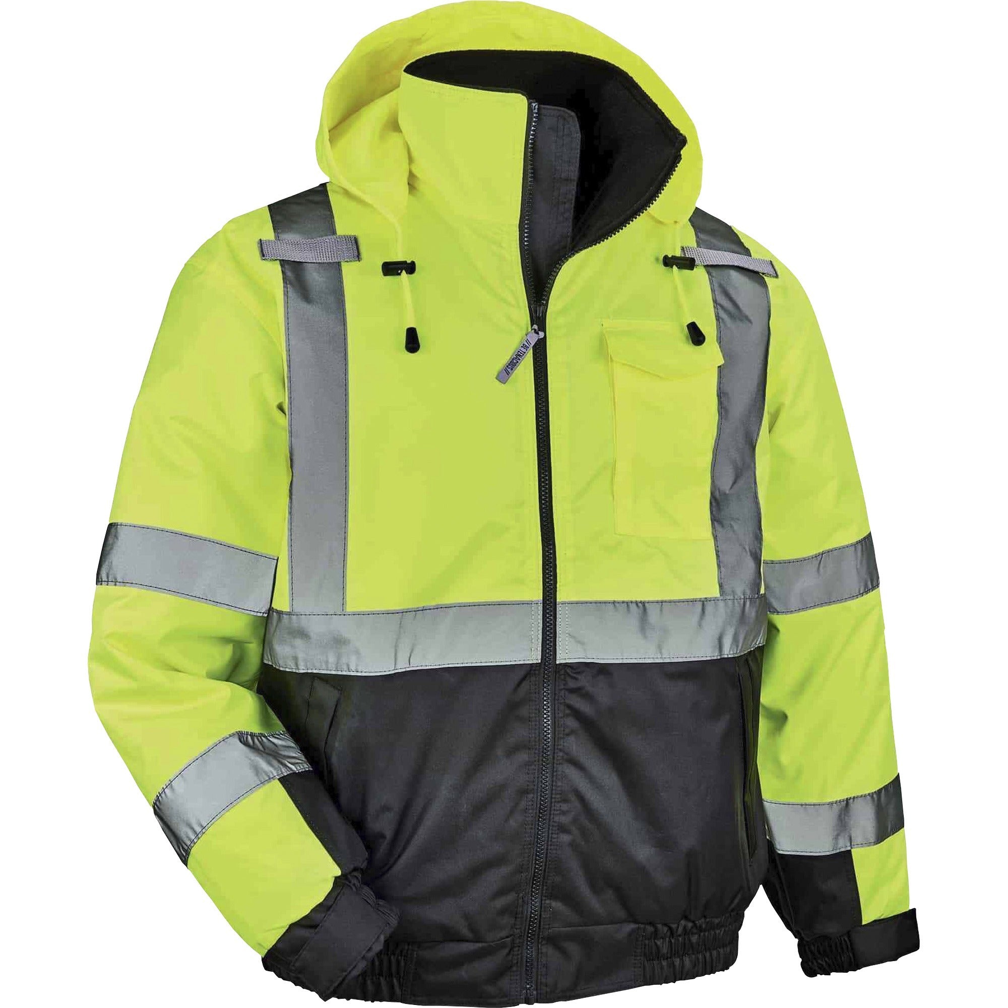 Ergodyne 8377 Type R Class 3 Hi-Vis Quilted Bomber Jacket, 2X-Large, Lime, Polyurethane, Reflective, Water & Wind Resistant, Inset Hood, Machine Washable, 1 Each