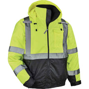 Ergodyne 8377 Type R Class 3 Hi-Vis Quilted Bomber Jacket, 4XL, Lime, Polyurethane, Reflective, Water & Wind Resistant, Inset Hood, Machine Washable, 1 Each