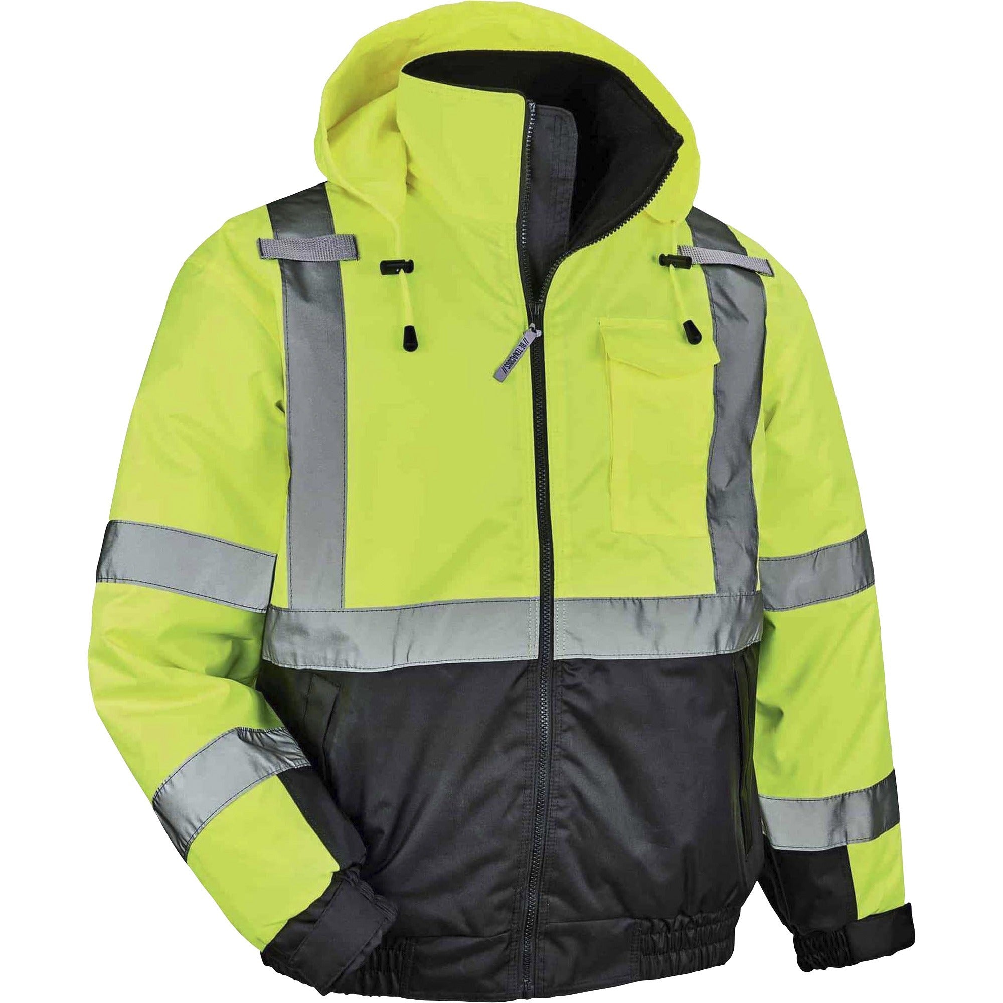 Ergodyne 8377 Type R Class 3 Hi-Vis Quilted Bomber Jacket, 4XL, Lime, Polyurethane, Reflective, Water & Wind Resistant, Inset Hood, Machine Washable, 1 Each