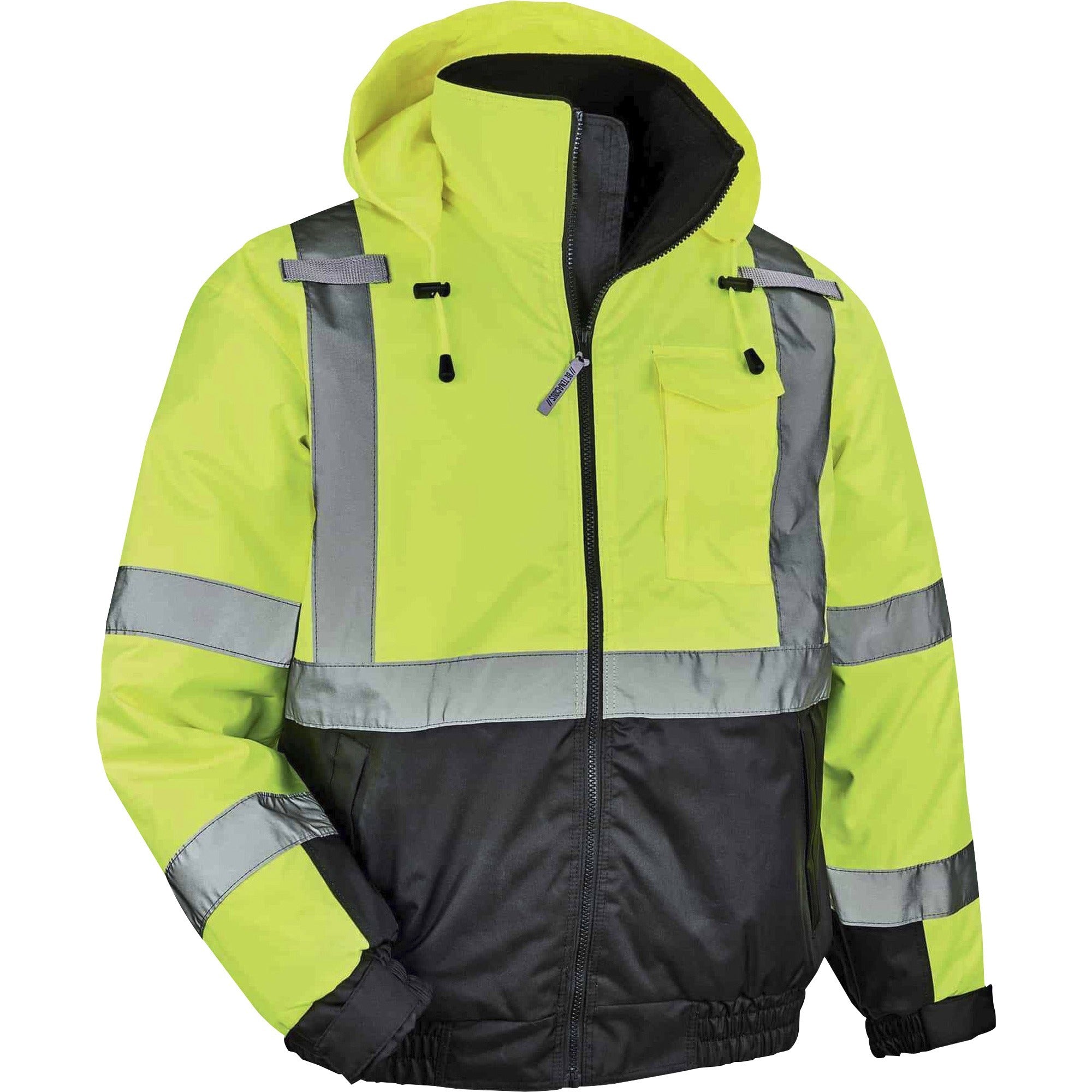 Ergodyne 8377 Type R Class 3 Hi-Vis Quilted Bomber Jacket, 5X-Large, Lime, Polyurethane, Reflective, Water & Wind Resistant, Machine Washable, Inset Hood, Mic Tab, Pen Slot, Chest Pocket, 1 Each