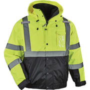 Ergodyne 8381 Hi-Vis 4-in-1 Bomber Jacket, Type R Class 3, 2X-Large, Lime, Polyurethane, Reflective, Detachable Hood, Machine Washable, 1 Each