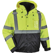 Ergodyne 8381 Hi-Vis 4-in-1 Bomber Jacket, Type R Class 3, Lime, 4X-Large, Polyurethane, Reflective, Detachable Hood, Machine Washable, 1 Each