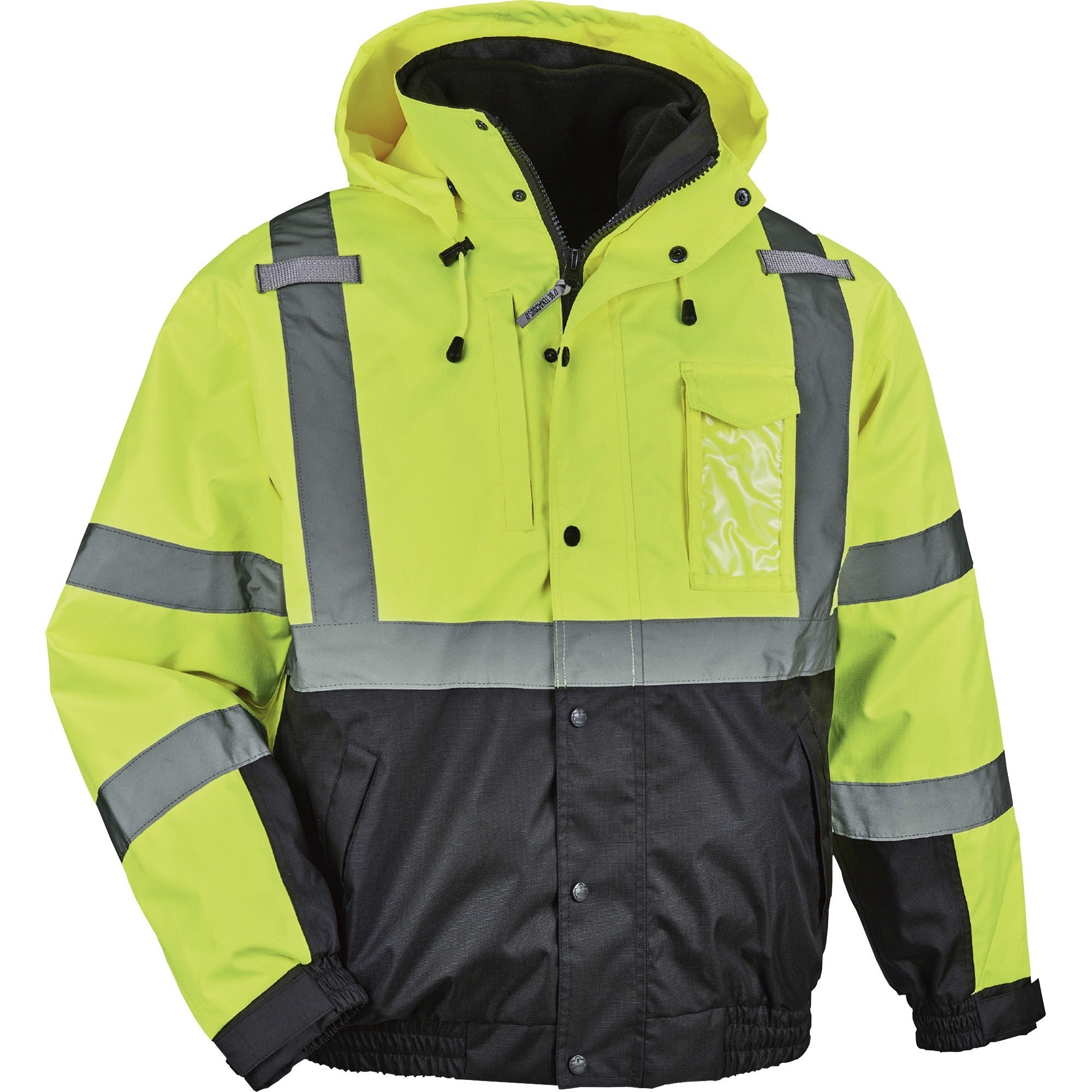 Ergodyne 8381 Hi-Vis 4-in-1 Bomber Jacket, Type R Class 3, Lime, 4X-Large, Polyurethane, Reflective, Detachable Hood, Machine Washable, 1 Each