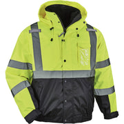 Ergodyne 8381 Hi-Vis 4-in-1 Bomber Jacket, Type R Class 3, Lime, 5X-Large, Polyurethane, Reflective, Weatherproof, Detachable Hood, Machine Washable, 1 Each