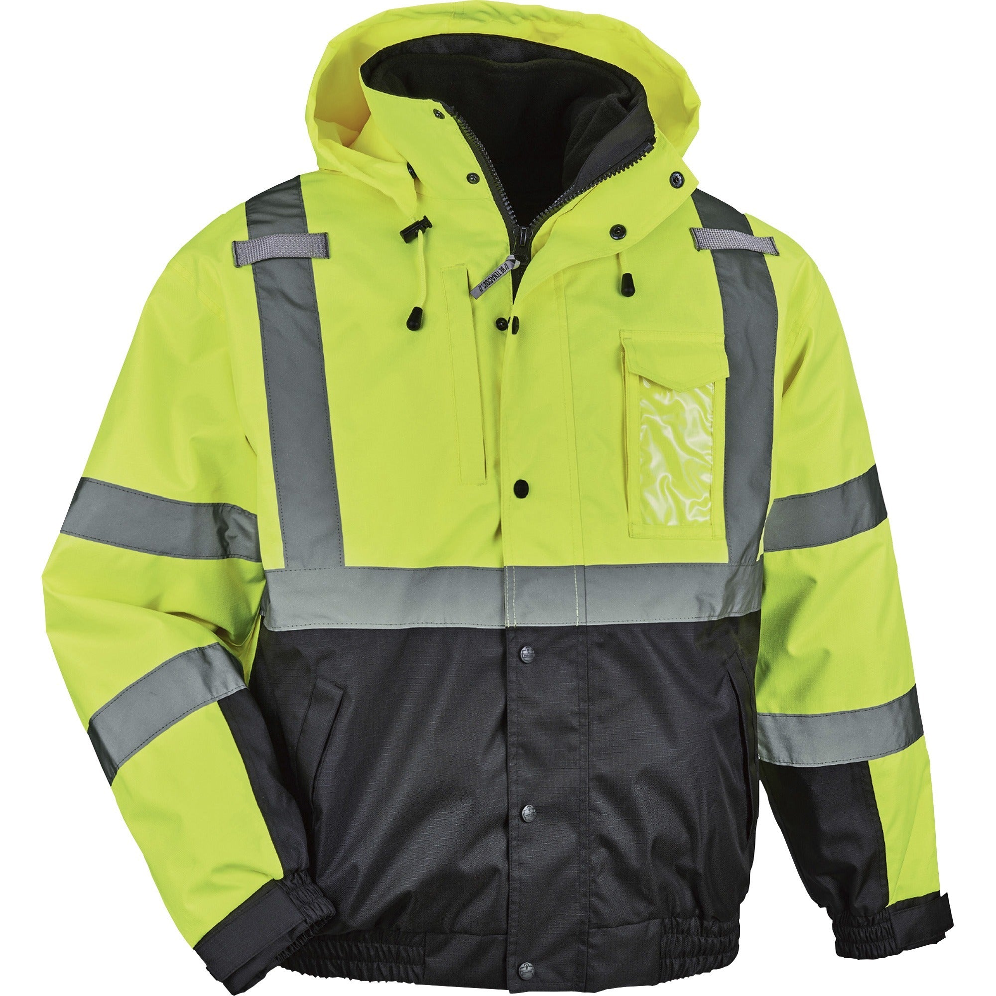 Ergodyne 8381 Hi-Vis 4-in-1 Bomber Jacket, Type R Class 3, Lime, 5X-Large, Polyurethane, Reflective, Weatherproof, Detachable Hood, Machine Washable, 1 Each