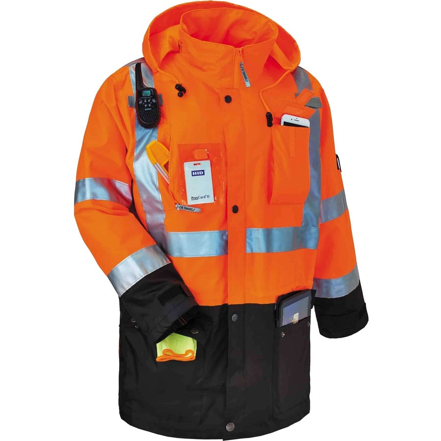 Ergodyne 8386 Type R Class 3 Outer Shell Jacket, Large, Orange, 300D Oxford Polyester, Zipper Closure, Reflective, Breathable, Inset Hood, Multiple Pockets, Drawstring, Badge Holder, 1 Each