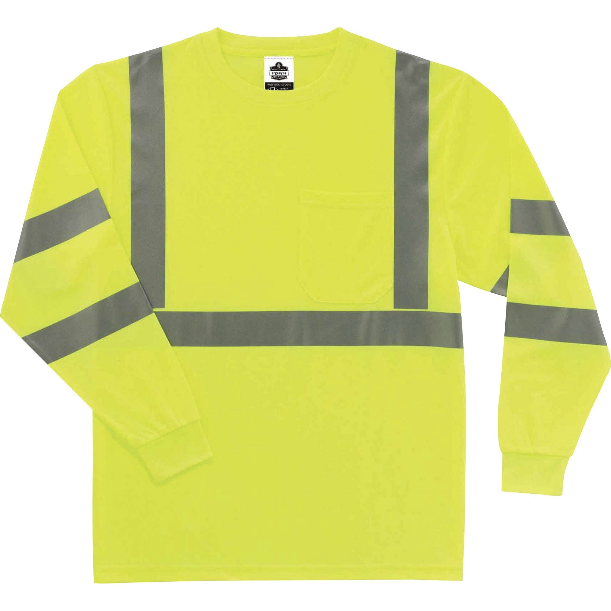 Ergodyne 8391 Type R Class 3 Long Sleeve Safety T-Shirt, Small, Lime, Polyester, Breathable, Moisture Resistant, UV Resistant, Reflective, Heat Resistant, Chest Pocket, 1 Each