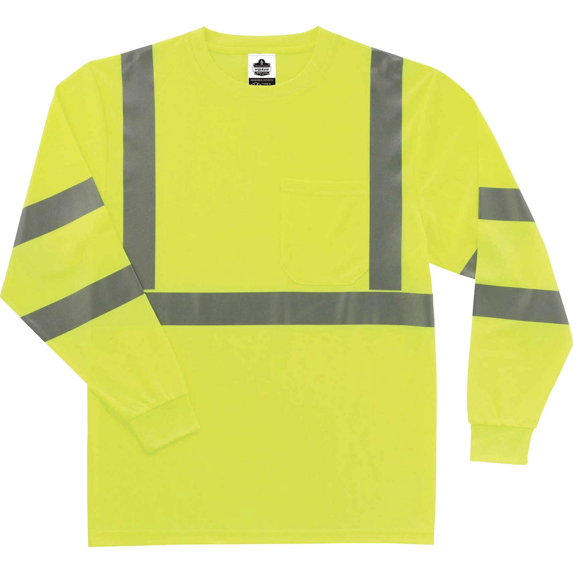 Ergodyne 8391 Type R Class 3 Long Sleeve Safety T-Shirt, Medium, Lime, Polyester, Breathable, Moisture Resistant, UV Resistant, Reflective, Heat Resistant, Chest Pocket, 1 Each
