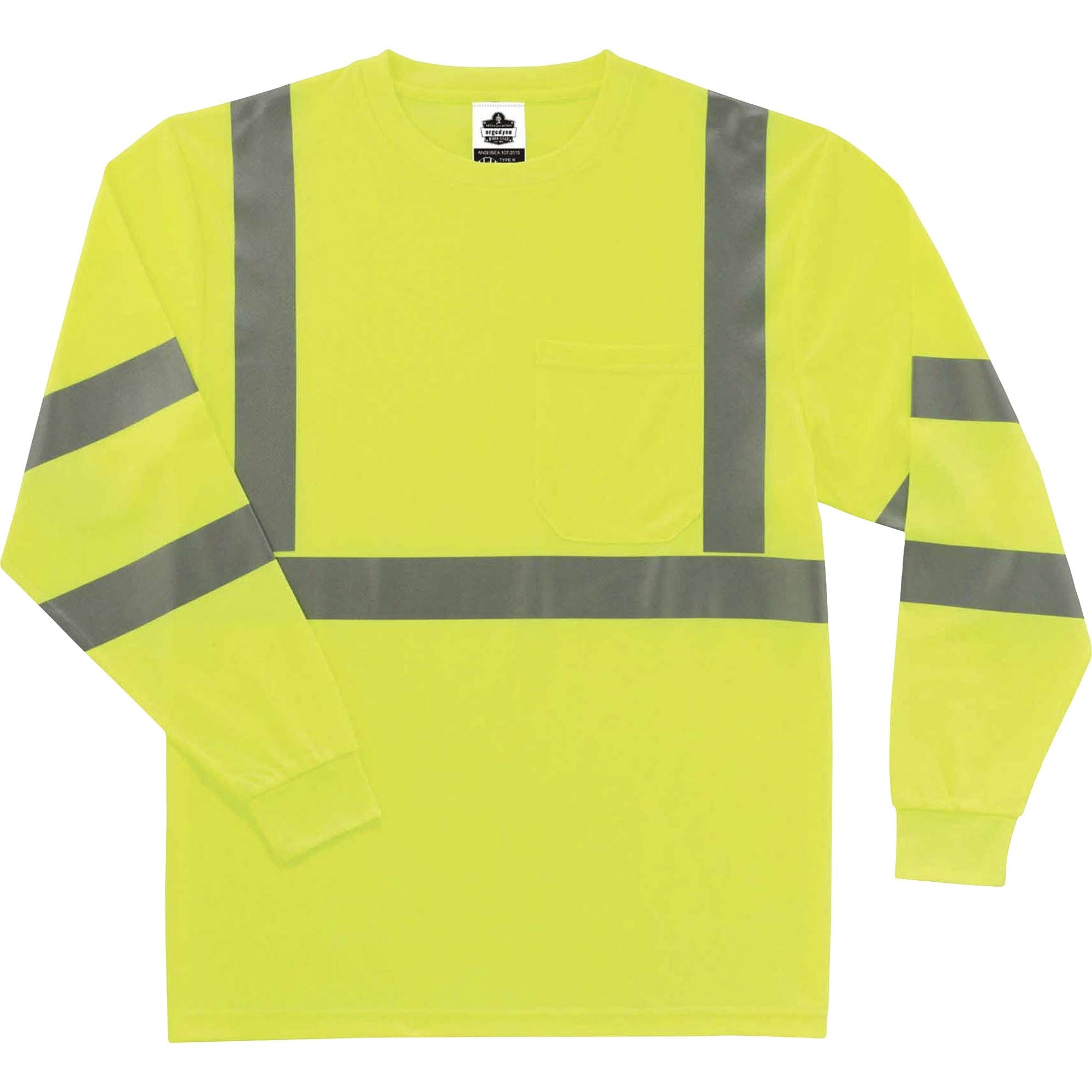 Ergodyne 8391 Type R Class 3 Long Sleeve Safety T-Shirt, 2X-Large, Lime, Polyester, Breathable, Moisture Resistant, UV Resistant, Reflective, Heat Resistant, Chest Pocket, 1 Each