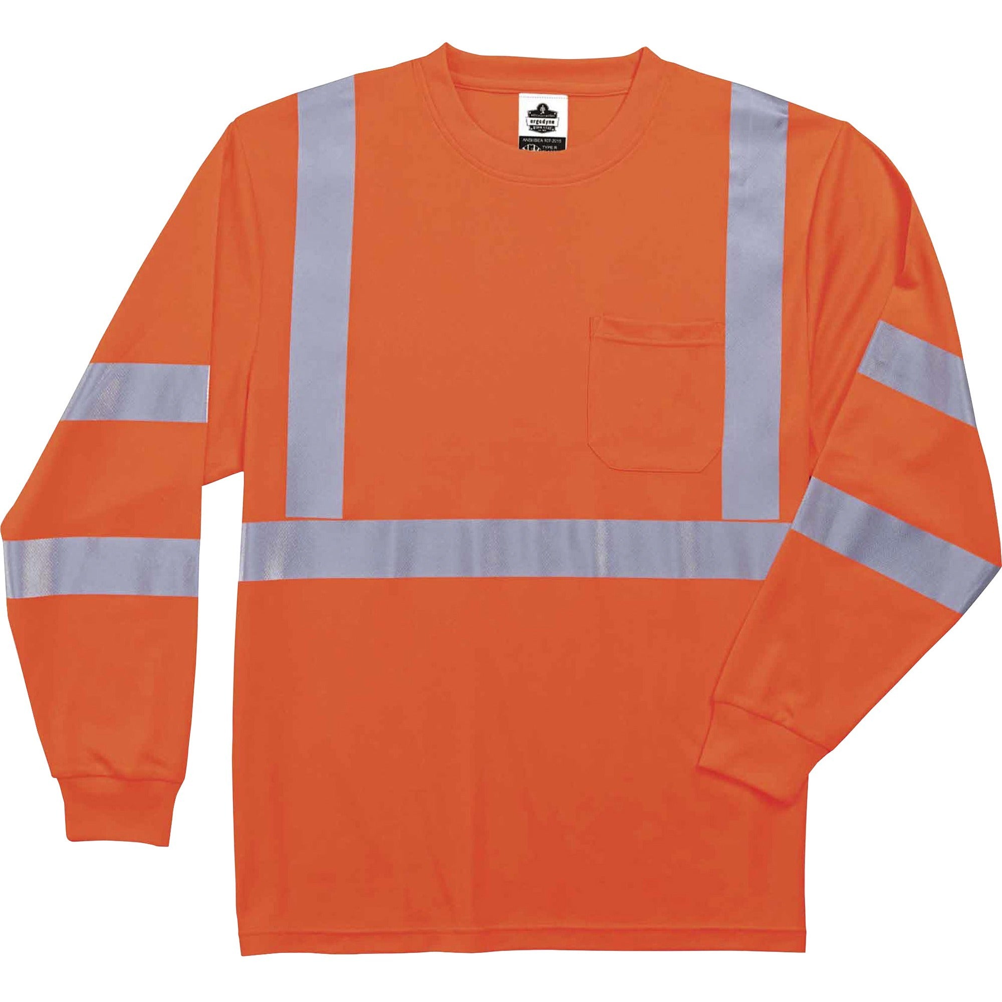 Ergodyne 8391 Type R Class 3 Long Sleeve T-Shirt, Medium, Orange, Polyester, Breathable, Moisture Resistant, UV Resistant, Reflective, Heat Resistant, Chest Pocket, 1 Each