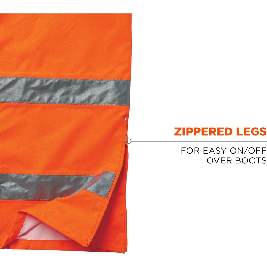 Ergodyne 8915 Class E Rain Pants, 4XL, Orange, 300D Oxford Polyester/Polyurethane/Polyester Mesh, 1 Each, Hi-Vis, Waterproof, Breathable, Elastic Waist, Zippered Leg, Reflective Strip, Cargo Pocket