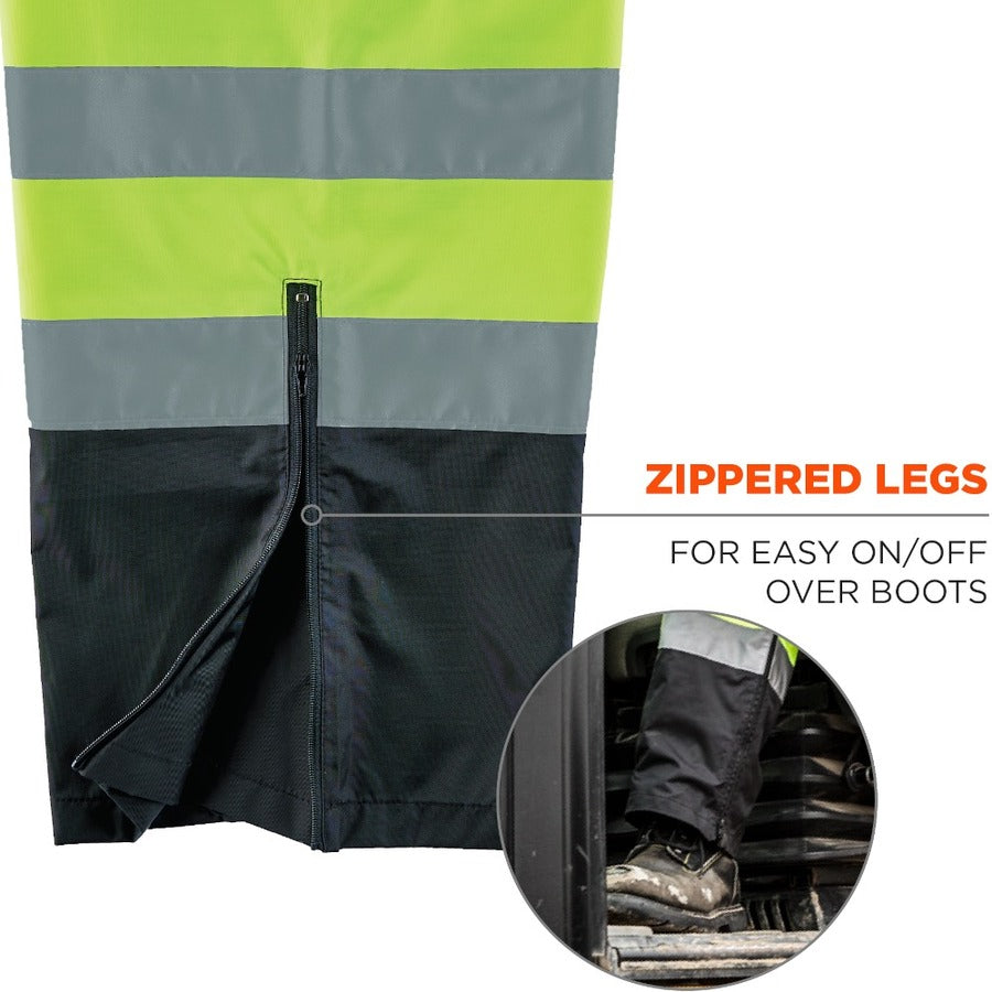 Ergodyne 8915BK Class E Bottom Rain Pants - For Rain Protection - Medium (M) Size - Lime - 300D Oxford Polyester, Polyurethane, Polyester Mesh