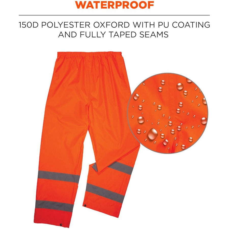 Ergodyne 8916 Lightweight Hi-Vis Rain Pants - Class E - For Rain Protection - 3-Xtra Large Size - Orange - Polyurethane, 150D Oxford Polyester