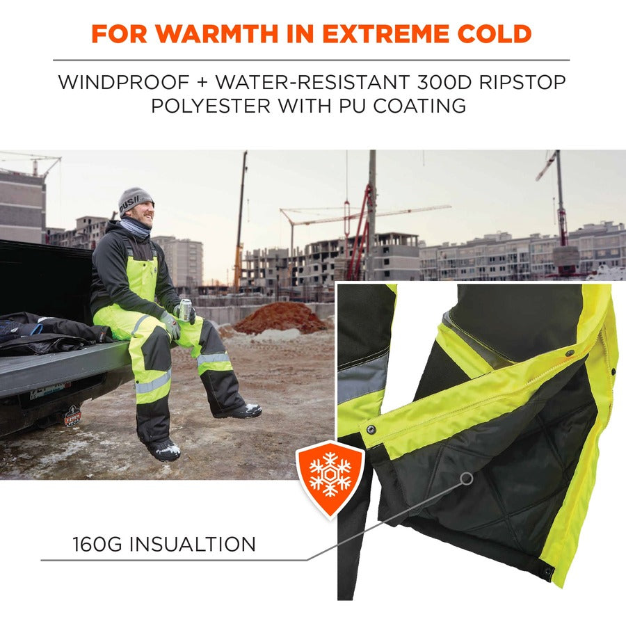 Ergodyne 8928 Class E Insulated Bibs - Bib Overall - Small - Lime - Polyurethane, 300D Oxford Polyester