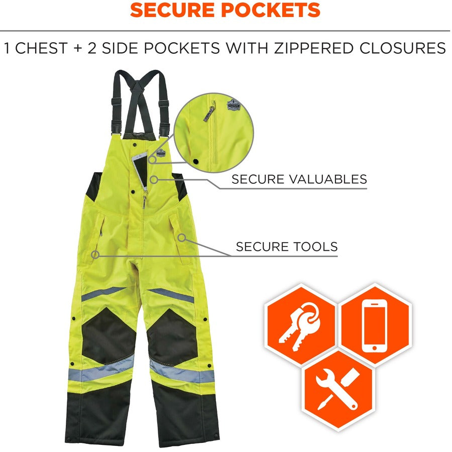 Ergodyne 8928 Class E Insulated Bibs - Bib Overall - Medium - Lime - Polyurethane, 300D Oxford Polyester