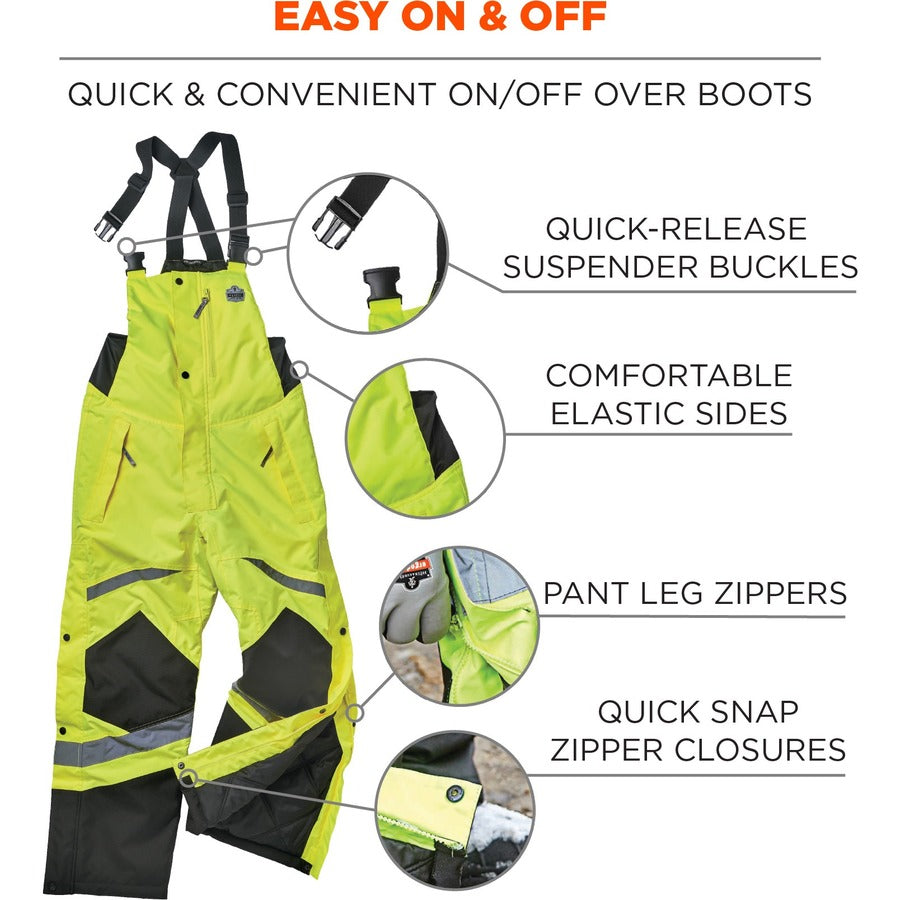 Ergodyne 8928 Class E Insulated Bibs - Bib Overall - XXX-Large - Lime - Polyurethane, 300D Oxford Polyester