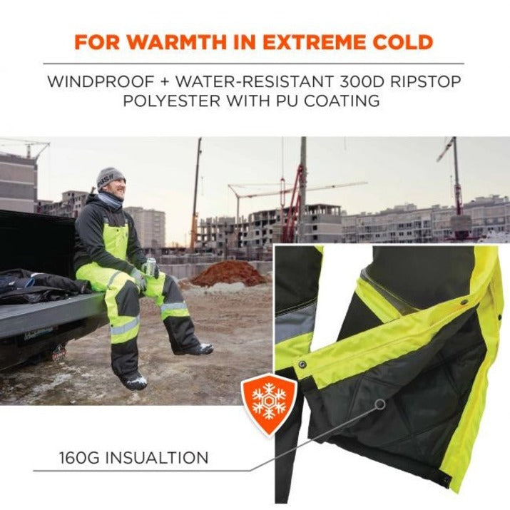 Ergodyne 8928 Class E Insulated Bibs - Bib Overall - 4XL - Lime - Polyurethane, 300D Oxford Polyester