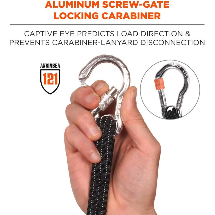 Ergodyne 3100 Single Carabiner Tool Lanyard - 10lbs - Adjustable - 10 lb Load Capacity - Extended - Carabiner Attachment - 11.3" Height x 1" Width x 54" Length - Black - Nylon Webbing, Aluminum - 6 / Carton