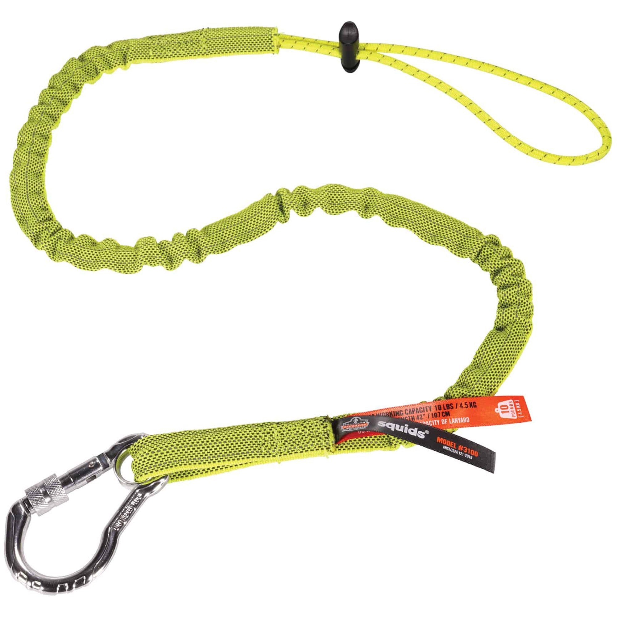 Ergodyne 3100 Single Carabiner Tool Lanyard - 10lbs - Adjustable - 10 lb Load Capacity - Standard - Carabiner Attachment - 11.3" Height x 1" Width x 45" Length - Lime - Nylon Webbing, Aluminum - 6 / Carton