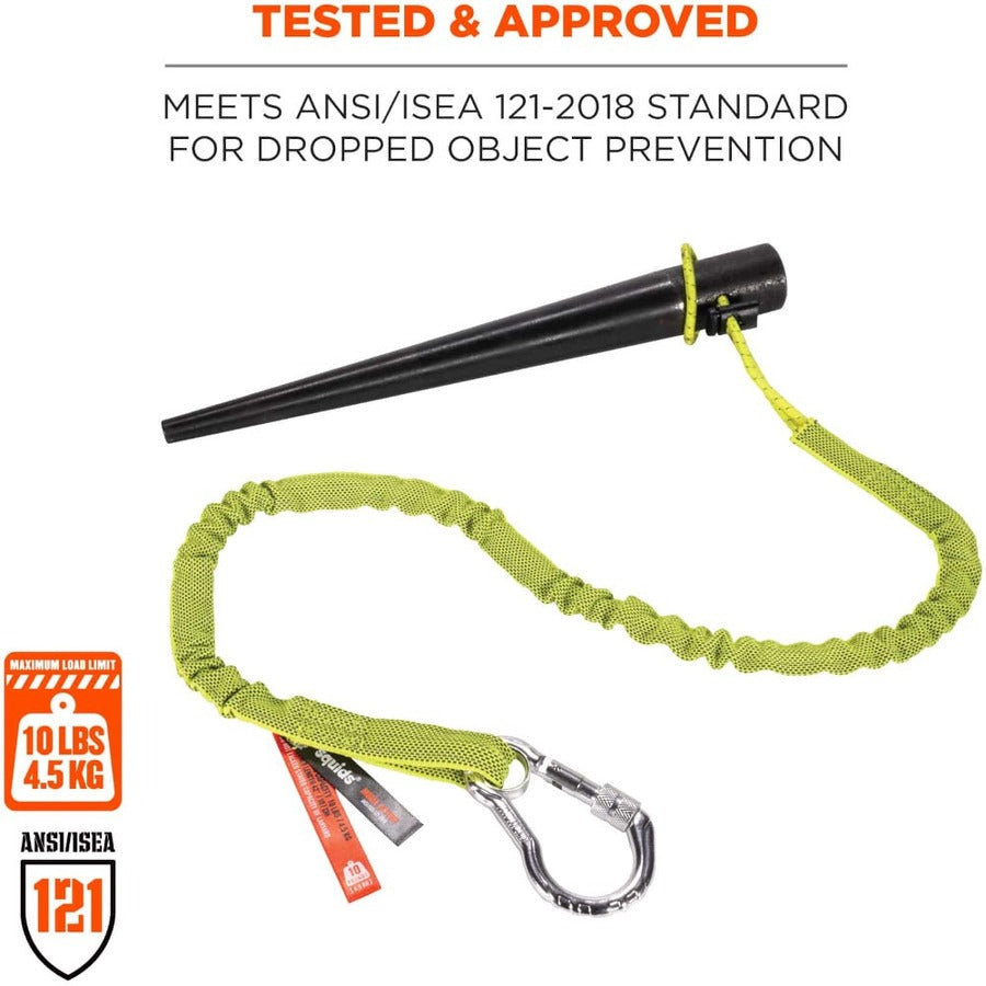 Ergodyne 3100-100pk Single Carabiner Tool Lanyard - 10lbs - 10 lb Load Capacity - Standard - Carabiner Attachment - 23.6" Height x 7.9" Width x 45" Length - Lime - Aluminum, Nylon Webbing - 100 / Carton