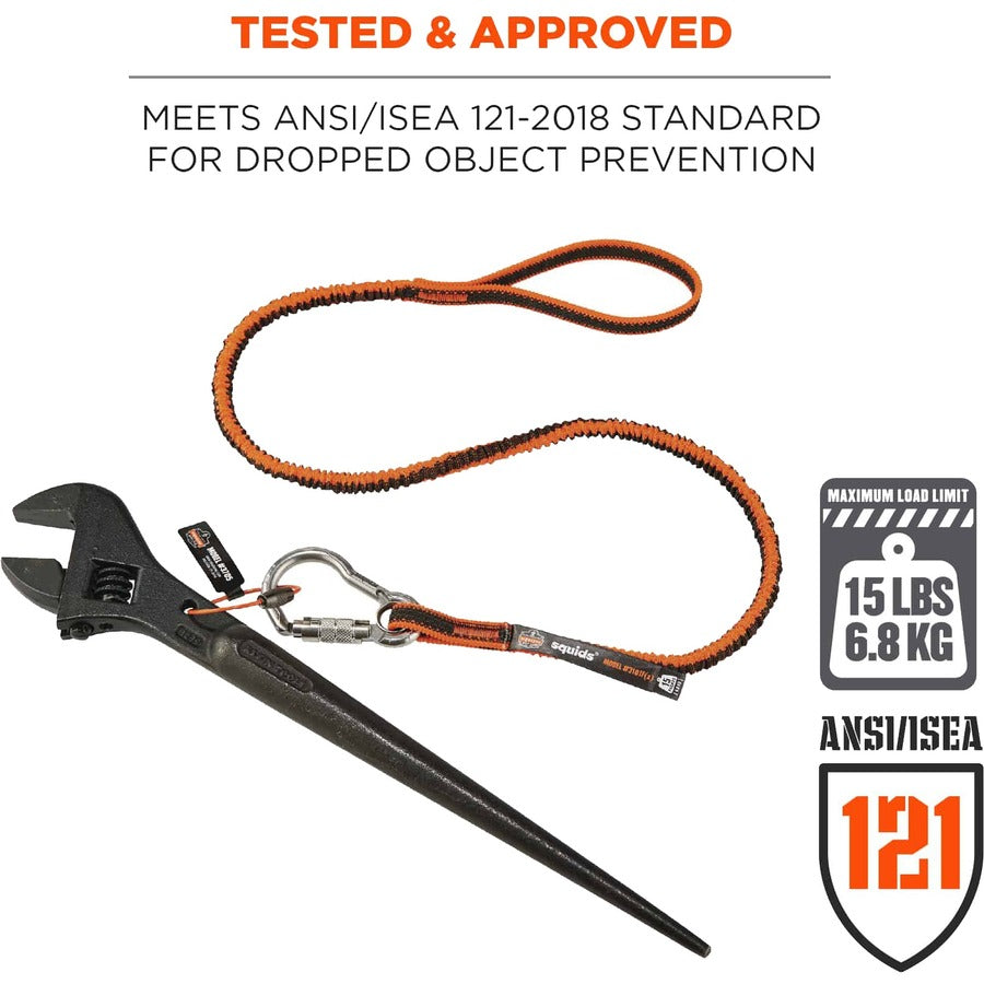 Adjustable - 15 lb Load Capacity - Standard - Carabiner Attachment - 11.3" Height x 1.3" Width x 48" Length - Orange, Gray - Stainless Steel, Polyester Elastic, Nylon - 6 / Carton