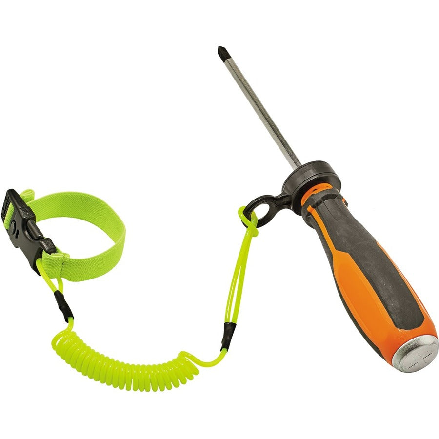 Ergodyne 3157 Coil Tool Lanyard with Buckle - 2lbs / 0.9kg - 2 lb Load Capacity - Buckle Attachment - 1.5" Height x 2" Width x 48" Length - Lime - Plastic - 6 / Carton