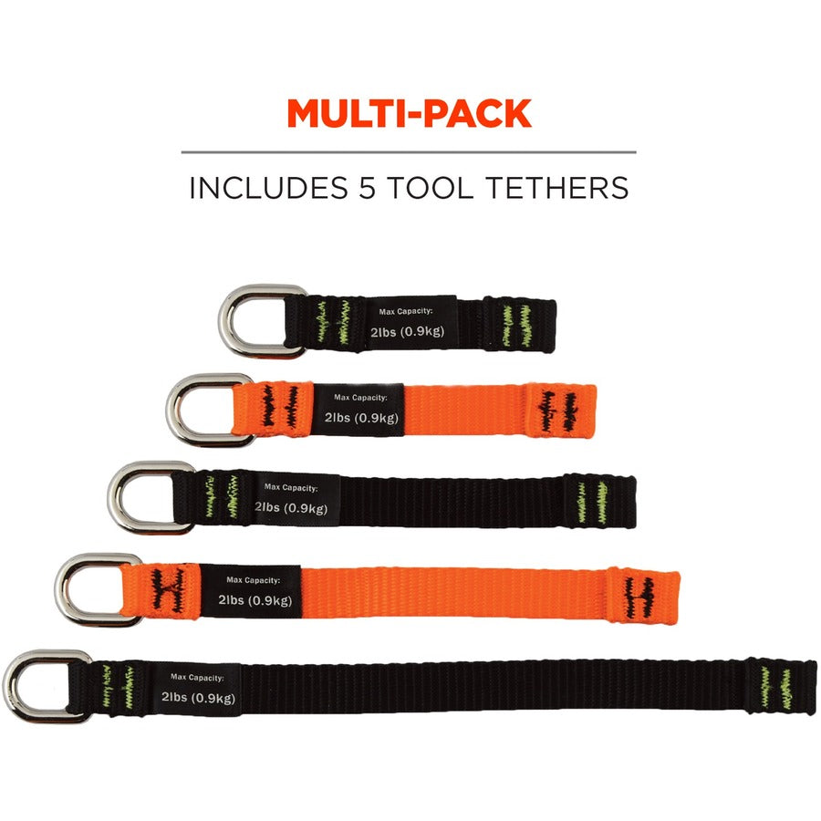 Ergodyne 3700 Web Tool Tether Attachment - D-Ring Tool Tails - 2lbs (6-Pack) - 9.5" Height x 0.3" Width - Black, Orange - Nylon Webbing - 5 / Pack