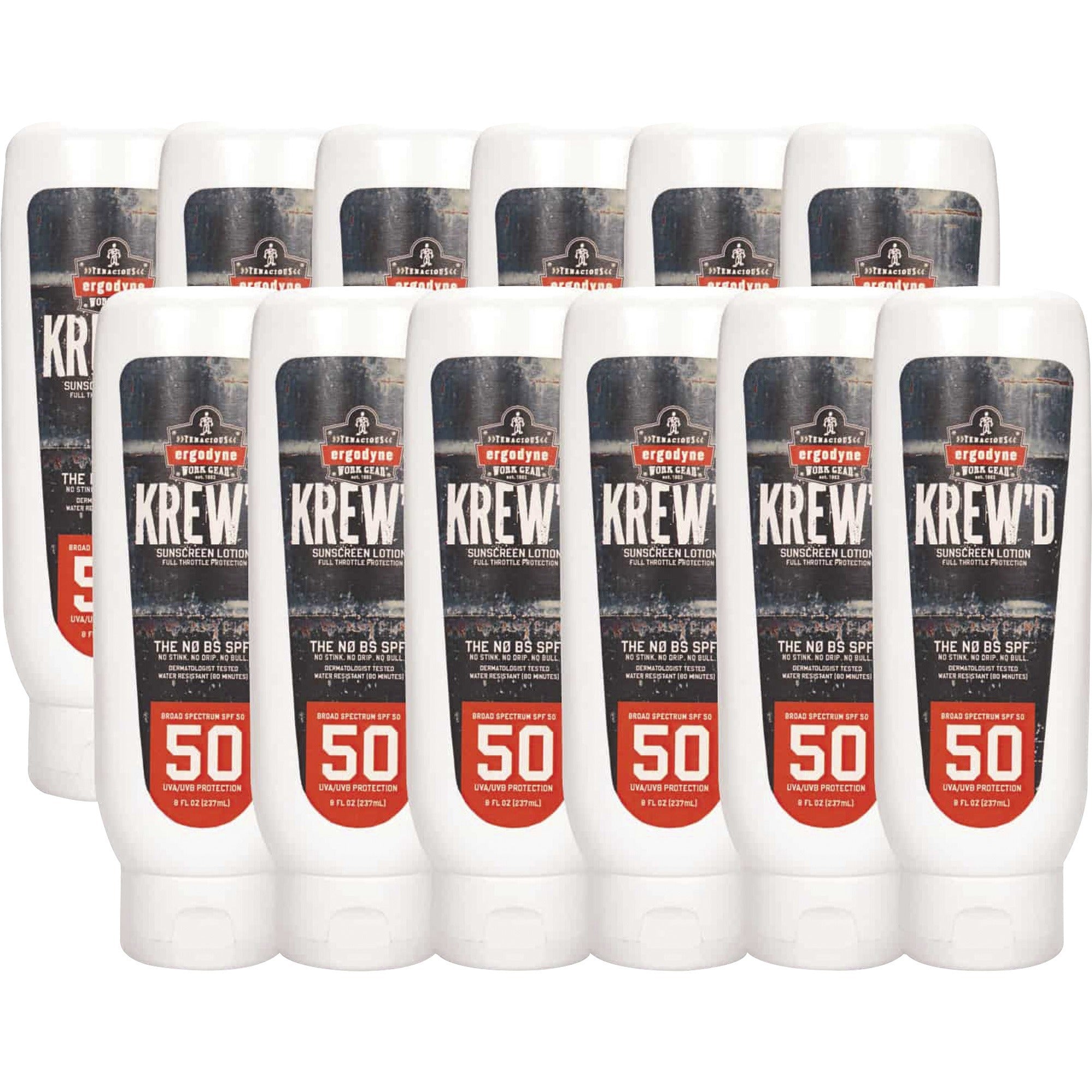 Ergodyne 6351 SPF 50 Sunscreen Lotion, 8 fl oz, Non-fragrance, Water & Sweat Resistant, Lightweight, Non-greasy, Hypoallergenic, Paraben & Phthalates Free, 12 Bottles per Carton