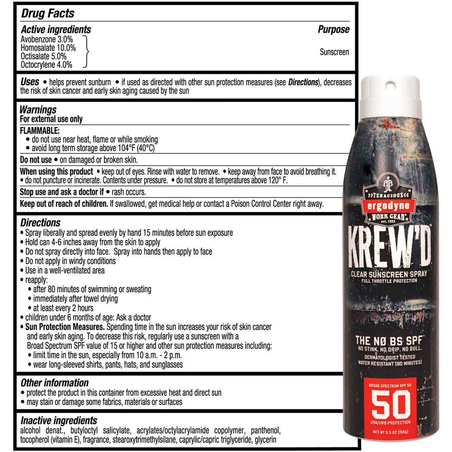 Ergodyne 6353 SPF 50 Sunscreen Spray, 5.50 fl oz, Water & Sweat Resistant, UVA/UVB Protection, Lightweight, Non-greasy, Hypoallergenic, Paraben-Free, 1 Each