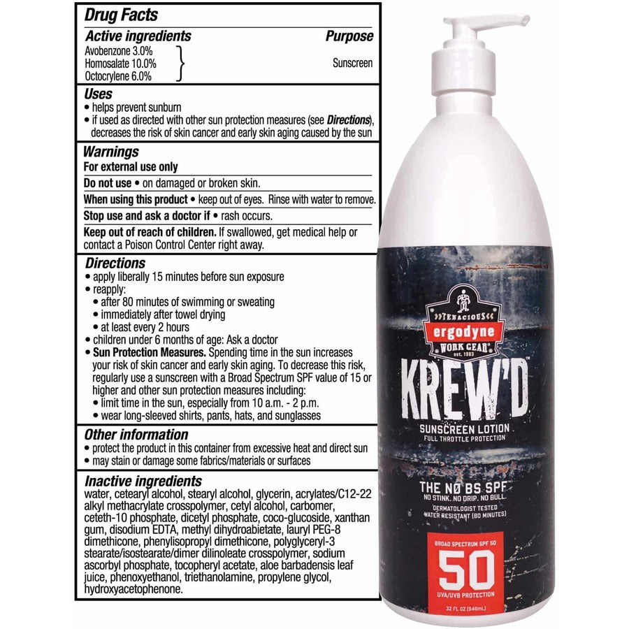 Ergodyne 6355 SPF 50 Sunscreen Lotion, 1 Quart, Non-fragrance, Water Resistant, Lightweight, Non-greasy, Absorbs Quickly, Paraben-free, Phthalates-free, Hypoallergenic, Fragrance-free, Sweat Resistant, 1 Each