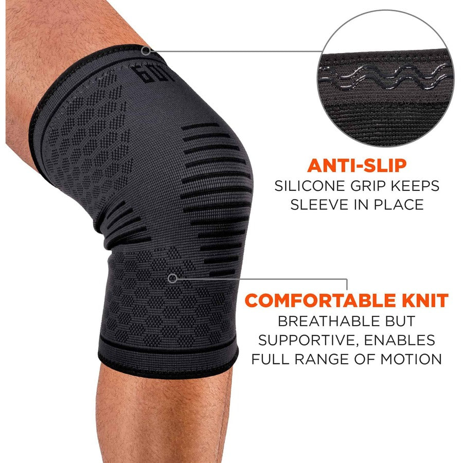 Ergodyne ProFlex 601 Knee Compression Sleeve - 16.93" to 19.69" Knee Circumference - Black - Elastic, Silicone - 1 Each
