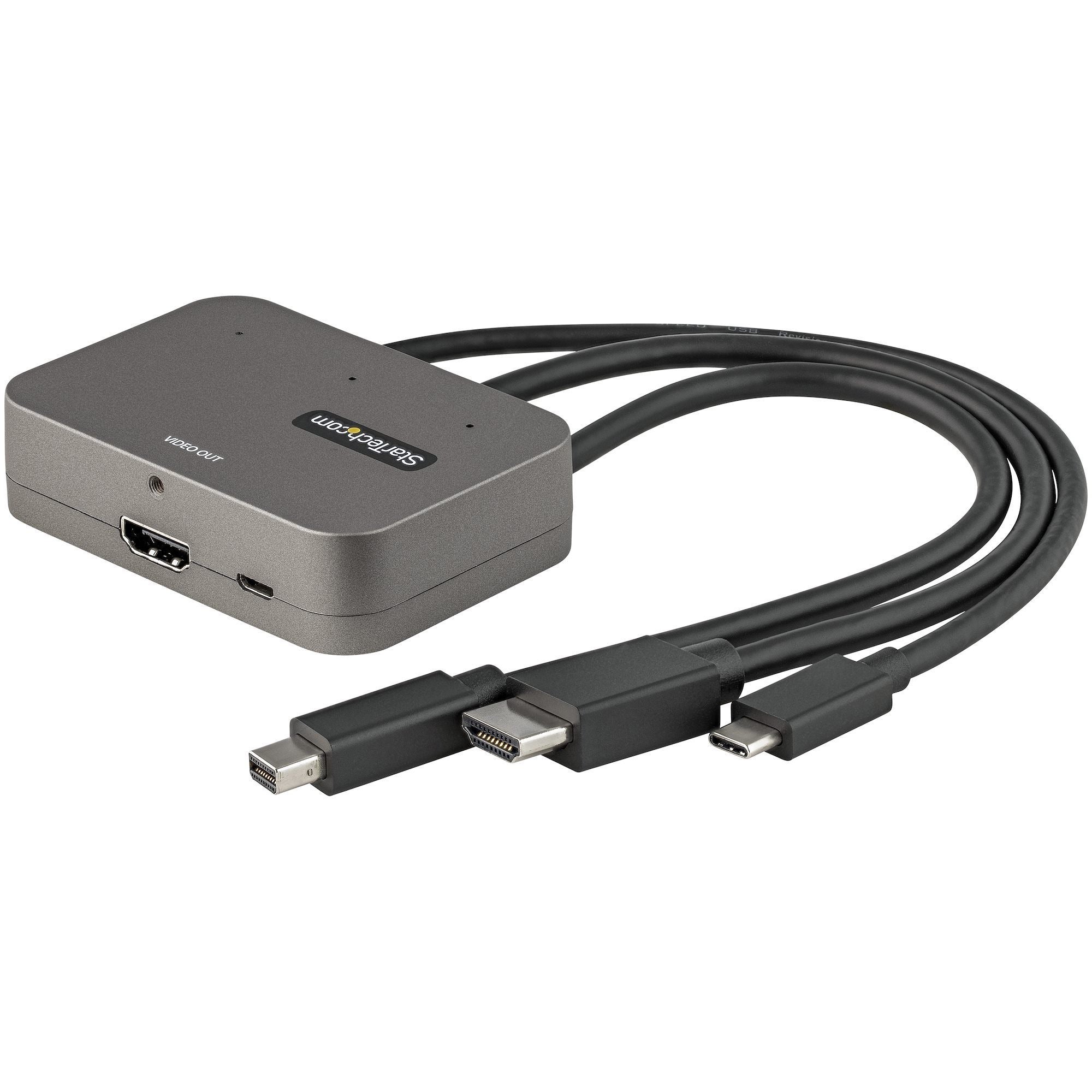 StarTech.com Mini DisplayPort/HDMI/USB-C Audio/Video Adapter, 1 x USB-C Male, 1 x HDMI Male, 1 x Mini DisplayPort Male, 1 x HDMI Female, 4K 60Hz, Black, 1 Each