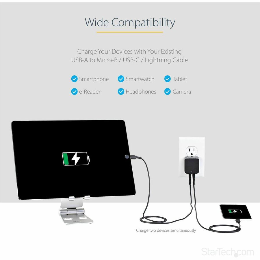 StarTech.com AC Adapter, 17W, 120V/230V AC Input, 5V DC Output, 2.40A, Dual USB Ports, Black, 1 Each