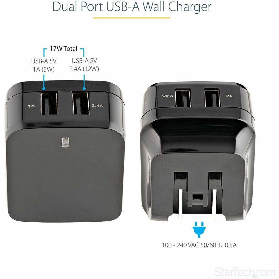 StarTech.com AC Adapter, 17W, 120V/230V AC Input, 5V DC Output, 2.40A, Dual USB Ports, Black, 1 Each