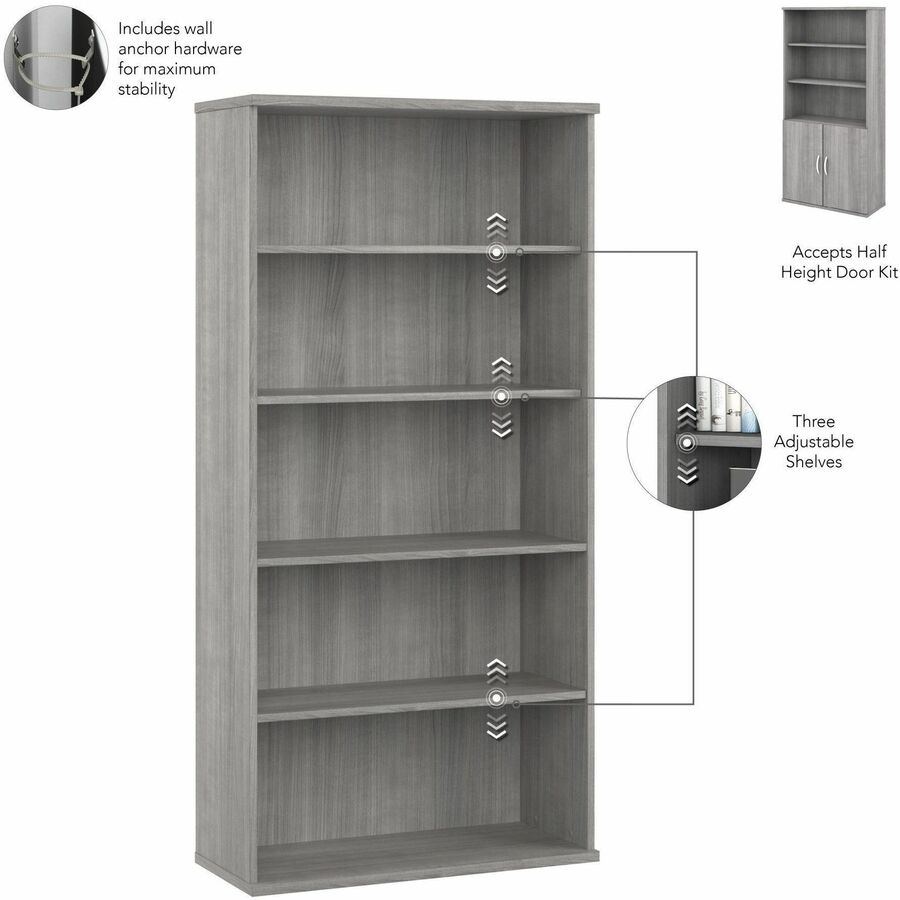 Bush Business Furniture Studio C 5 Shelf Bookcase with Doors, 72" Height x 36" Width, Platinum Gray, Thermofused Laminate, 2 Doors, 5 Shelves (3 Adjustable), 1 Each