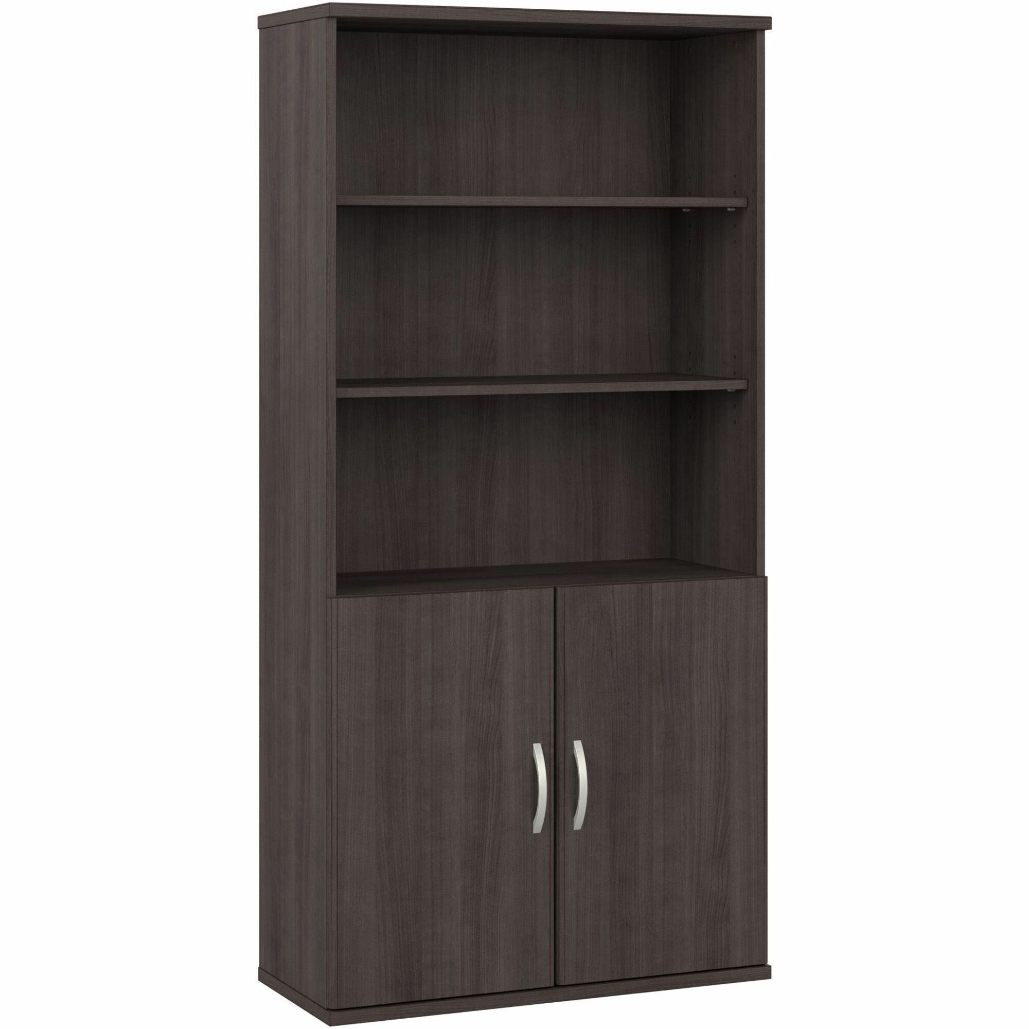Bush Business Furniture Studio C 5 Shelf Bookcase with Doors, 72" H x 36" W, Storm Gray, Thermofused Laminate, 2 Doors, 5 Shelves (3 Adjustable), Brushed Nickel Hardware, 1 Each