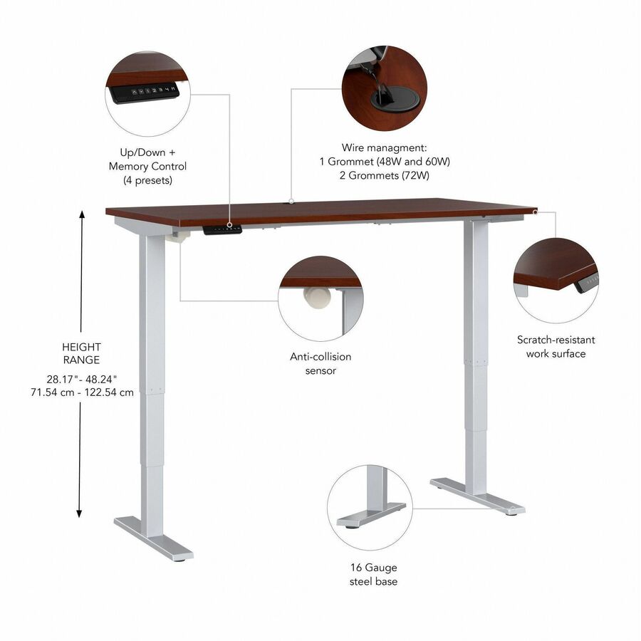 Bush Business Furniture Move 40 Series 60w x 30d Electric Height Adjustable Standing Desk, Hansen Cherry Top, Silver T-Shaped Base, 176 lb Capacity, 28.17"–48.24" Height Range, 1 Each