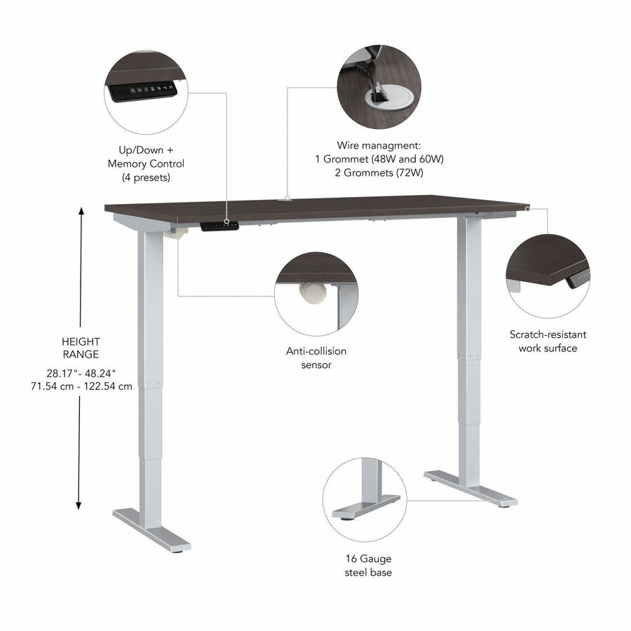 Bush Business Furniture Move 40 Series 60w x 30d Electric Height Adjustable Standing Desk, Storm Gray Top, Silver T-Shaped Base, 176 lb Capacity, 28.17"–48.24" Height Range, 1 Each