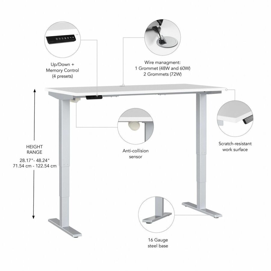 Bush Business Furniture Move 40 Series 60w x 30d Electric Height Adjustable Standing Desk, White Top, Silver T-Shaped Base, 176 lb Capacity, 28.17"–48.24" Height Range, 1 Each