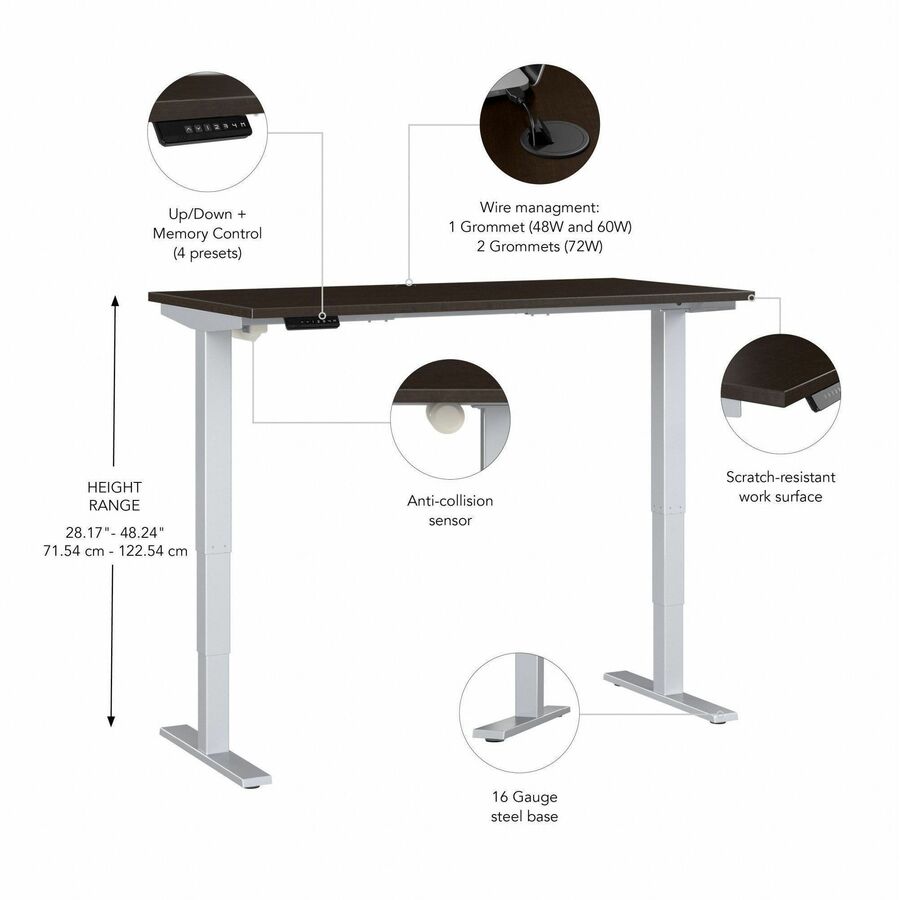 Bush Business Furniture Move 40 Series 72w x 30d Electric Height Adjustable Standing Desk, Mocha Cherry Top, Silver T-Shaped Base, 176 lb Capacity, 28.17"–48.24" Height Range, 1 Each