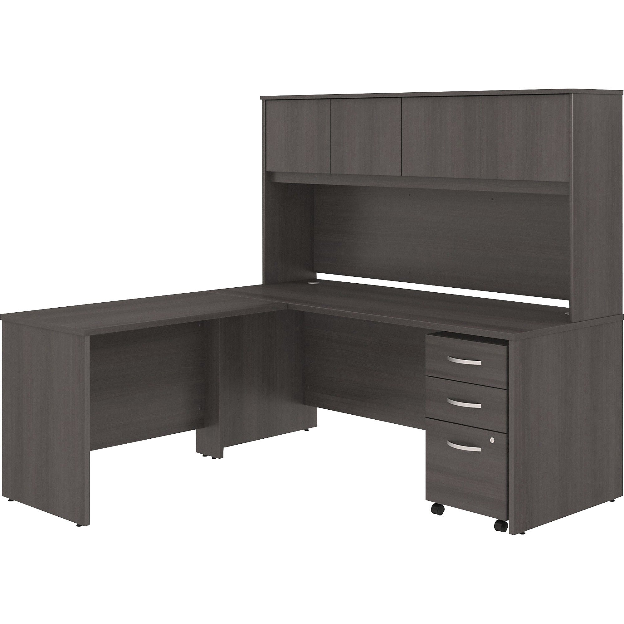 Bush Business Furniture Studio C L-Shaped Desk Set, 72"W x 30"D Desk, 42"W Return, 72"W Hutch, 3-Drawer Mobile File Cabinet, 4 Doors, Storm Gray, 1 Each