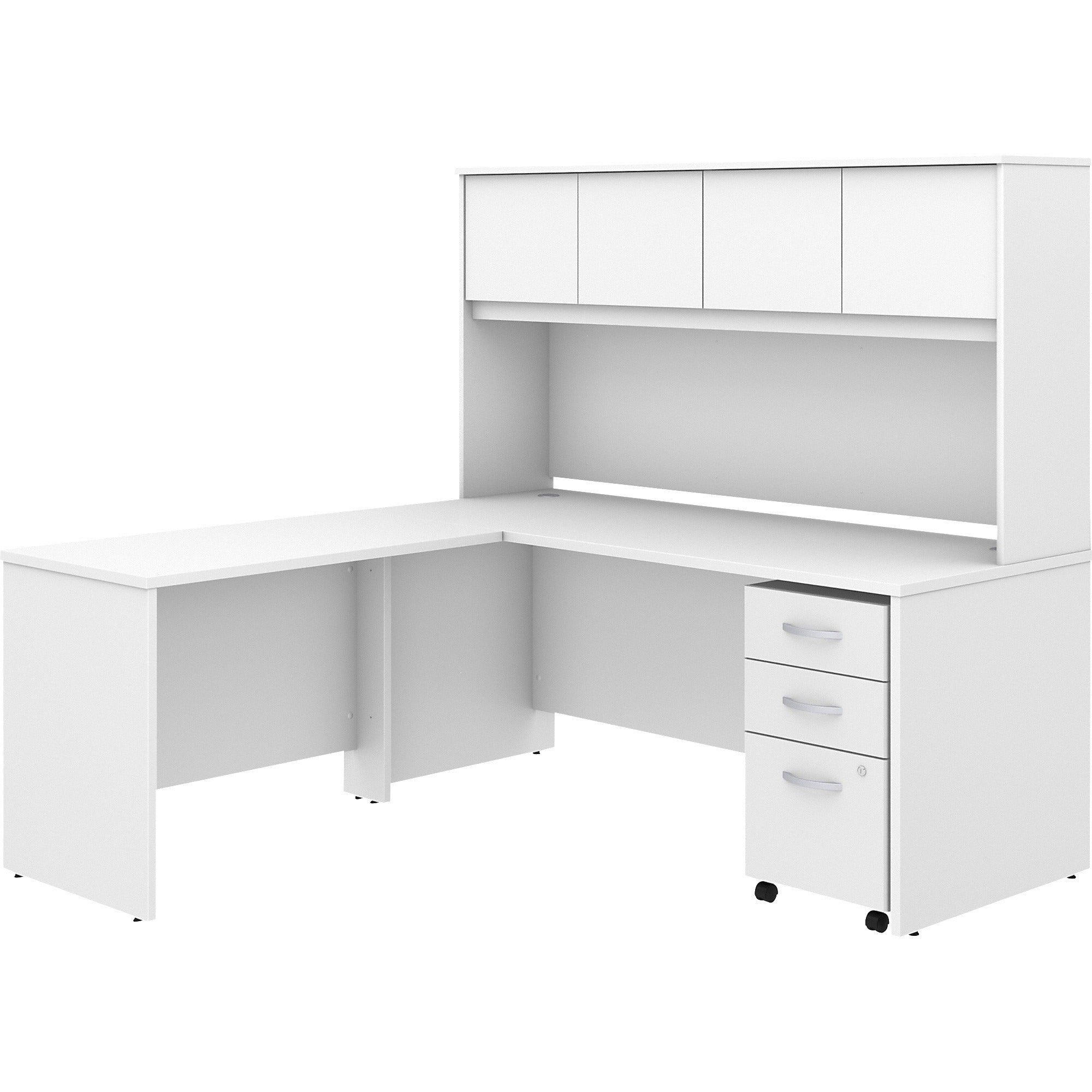 Bush Business Furniture Studio C L-Shaped Desk Set, 72"W x 30"D Desk, 42"W Return, 72"W Hutch, 3-Drawer Mobile File Cabinet, 4 Doors, White, 1 Each