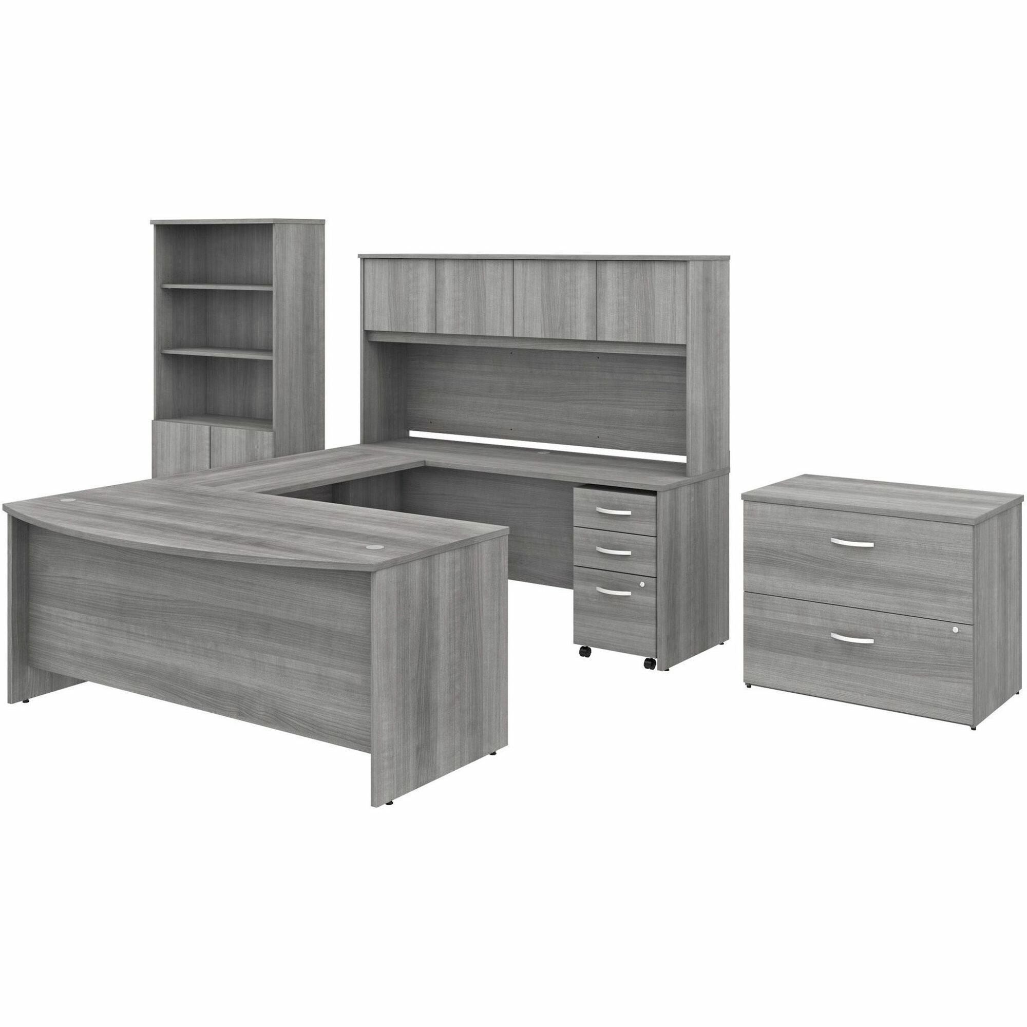 Bush Business Furniture Studio C U-Shaped Desk Set with 72"W x 36"D Front Desk, 72"W x 24"D Credenza, 42"W Return, 72"W Hutch, 36"W File Cabinet, 36"W Bookcase, 5 Drawers, 4 Doors, Platinum Gray, 1 Each
