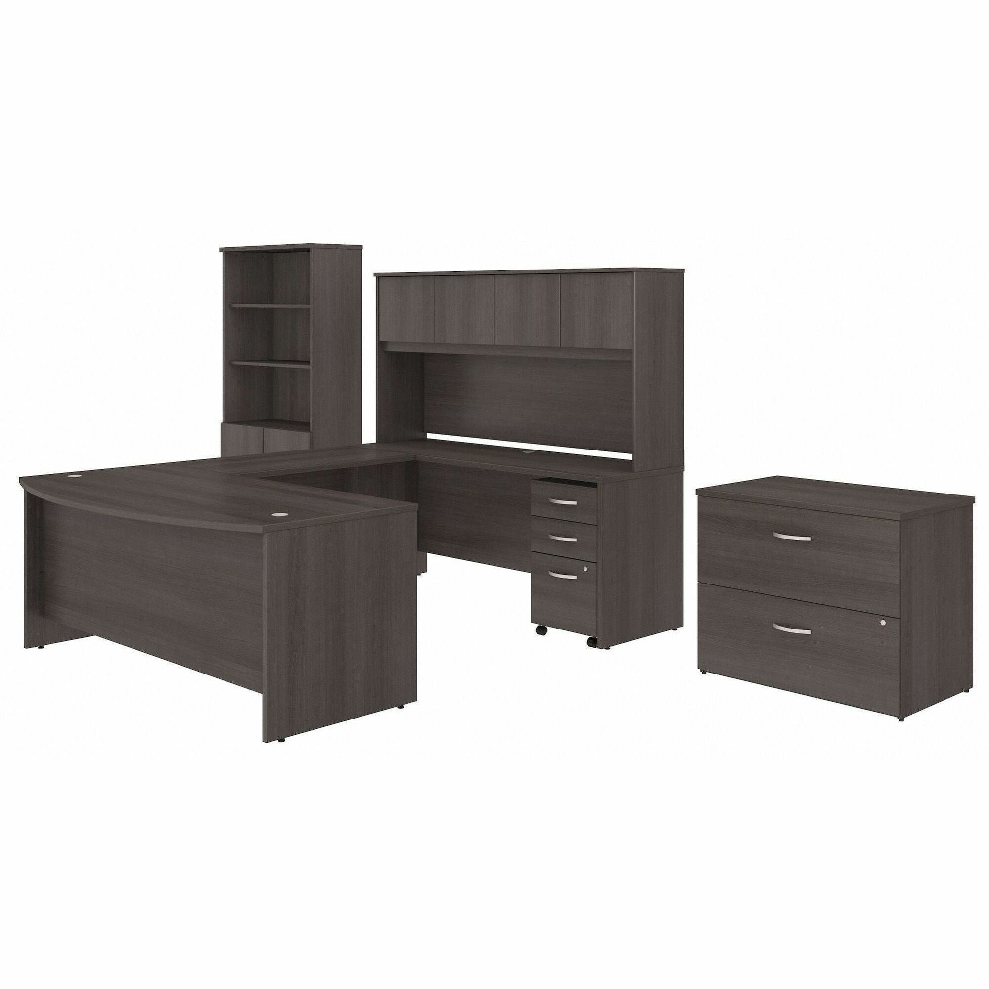 Bush Business Furniture Studio C 6-Piece Set: 72"W x 36"D Front Desk, 72"W x 24"D Credenza, 42"W Return, 72"W Hutch, 36"W File Cabinet, 36"W Bookcase, Storm Gray, 5 Drawers, 4 Doors, 5 Shelves, 3 Adjustable Shelves, 1 Each